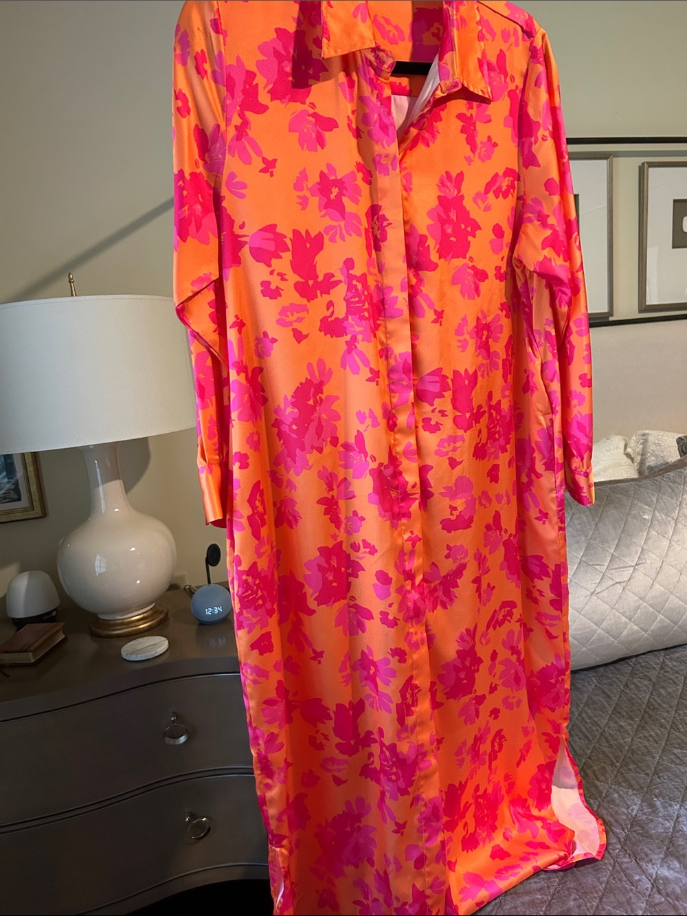 Oh Orange and Pink Floral Maxi Shirt Dress